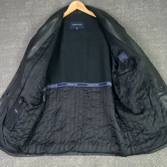 London Fog Leather Jacket Men's Large Black Button Front Zip In Liner Lined - Picture 7 of 16